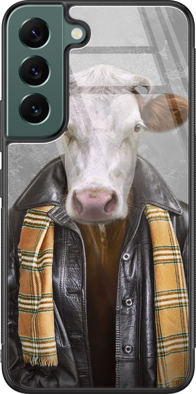 Hoesje geschikt voor Samsung Galaxy S22 - Koe - Luxe Glazen Hardcase - Print / Illustratie - Grijs