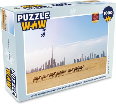 Puzzel Kudde kamelen in de woestijn en op de achtergrond de Burj Khalifa en Dubai - Legpuzzel - Puzzel 1000 stukjes volwassenen
