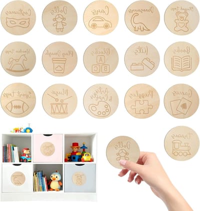 16 Stuks Houten Stickers voor Kinderen - Bestel Labels voor Trofast Kasten, Speelgoeddozen en Organisatie