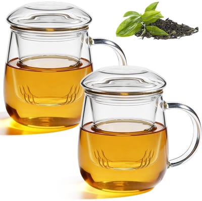 NTH products- Theeglas Set van 2 - Dubbelwandig - Hittebestendig Borosilicaatglas - 350 ml - Met Zeef en Deksel - Paddenstoelvorm - Theekopje