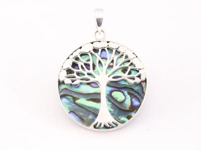 Ronde zilveren hanger met levensboom op abalone schelp