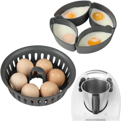 TOVBMUP 2-in-1 Eierrek / Stoominzet — Eierrekje geschikt voor eierkoker (hoofdeenheid niet inbegrepen) - Geschikt voor Thermomix TM5, TM6 & TM31 — BPA-vrij — Geschikt voor 4 gepocheerde en 6 gekookte eieren