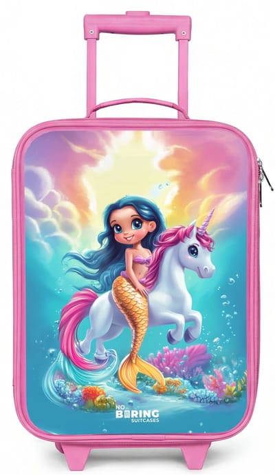 NoBoringSuitcases.com® - Kinderkoffer roze - Kindertrolley meisje - Zeemeermin met gouden staart met een witte eenhoorn - Koffer kind lichtgewicht - Reiskoffer trolley voor kinderen - Koffertje met lichtgevende wieltjes - Rolkoffer