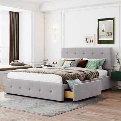 KOMHTOM Tweepersoonsbed Bed met laden 140x200 cm fluwelen stof voor volwassenen en tieners grijs