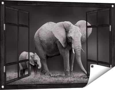 Gards Tuinposter Doorkijk Olifant Moeder en Zoon - Zwart Wit - 90x60 cm - Tuindoek - Tuindecoratie - Wanddecoratie buiten - Tuinschilderij