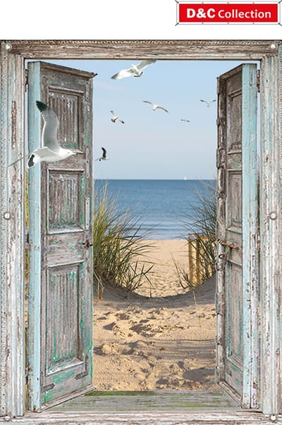 Doorkijk poster met deuren - tuinposter - 95x130 cm - doorkijk - Openslaande deuren - luxe uitvoering - Hollands strand met duinovergang en meeuwen - tuindecoratie - tuindoek - tuin decoratie - tuinposters buiten - schuttingposter