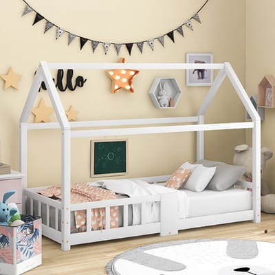 Sweiko kinderbed huisbed 90 x 200 cmHouten bed voor kinderkamer incl. plank, lattenbodem, uitvalbeveiliging, gemaakt van grenenhoutWit (zonder matras)