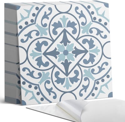 Coloray Plaktegels - Plantenpatroon in ornamenten Zelfklevende Tegels - 20 cm x 20 cm - Blauw Plaktegels - 20 stuks - Vierkant PVC Tegels - Plaktegels Badkamer - Plaktegels Vloer - Vinyl Tegels Zelfklevend - Wandtegel Zelfklevend