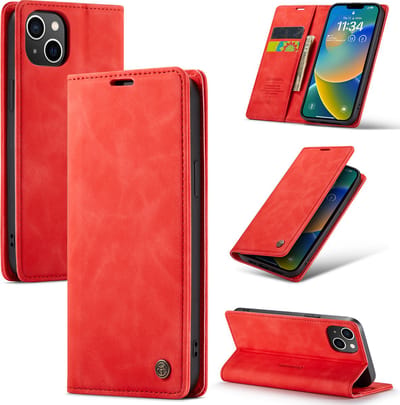 Casemania Hoesje Geschikt voor Apple iPhone 14 Crimson Red - Dunne Portemonnee Book Case - Slim Wallet Case met Pasjeshouder