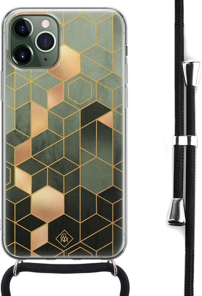 Casimoda® hoesje met koord - Geschikt voor iPhone 11 Pro Max - Kubus Groen - Afneembaar koord - Siliconen/TPU - Groen