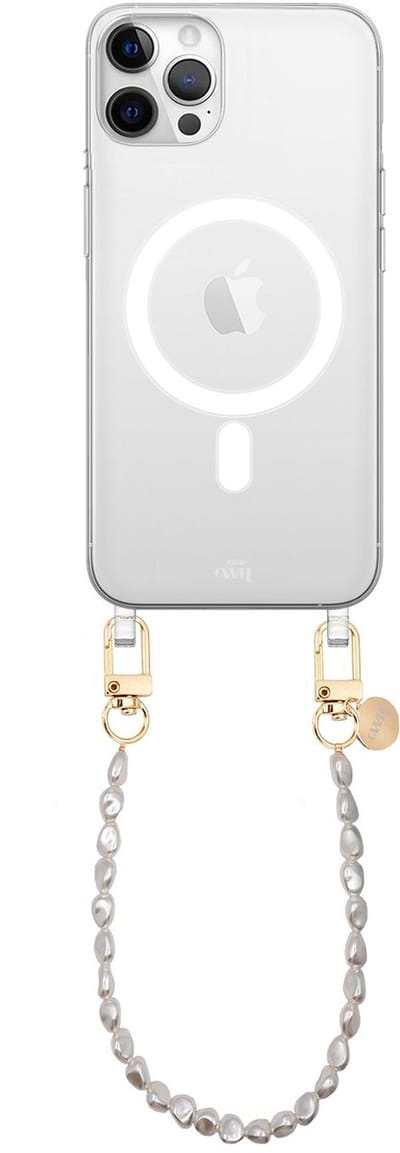 xoxo Wildhearts magnetisch hoesje geschikt voor iPhone 12 Pro Max MagSafe - Pearlfection - Transparant telefoonhoesje met koord - Telefoonkoord met parels - Parelketting - Kort koord