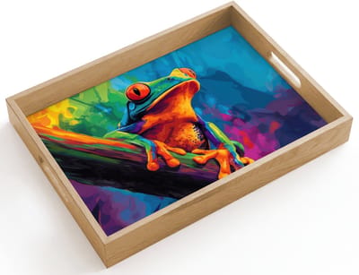 Dienblad hout 40x30 cm - Schootdienblad - Kikker - Felgekleurd - Tak - Regenboog - Borrelplank rechthoek - Plateau dienbladen