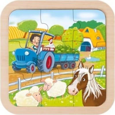 Goki Houten Puzzel - set van 3 - brandweer, tractor, paard - 9 stukjes