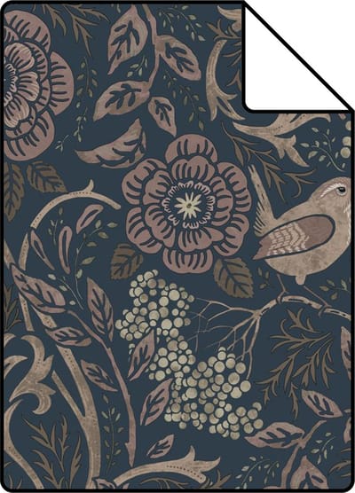 Proefstaal ESTAhome behang bloemen en vogels donkerblauw en oudroze - 26.5 x 21 cm - 139832-S