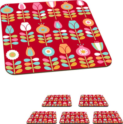 Onderzetters voor glazen - Patronen - Bloemen - Retro - Rood - 10x10 cm - Glasonderzetters - 6 stuks