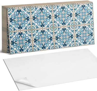 Coloray Plaktegels - Plantenpatroon in symmetrie Zelfklevende Wandtegels - 40 cm x 20 cm - Blauw Plaktegels - 10 stuks - Rechthoek PVC Tegels - Plaktegels Badkamer - Vloertegels Zelfklevend - Vinyltegels Vloer Zelfklevend - Portugese Tegels