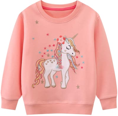 Meisjes Kinderen Lange Mouwen Pullover Katoen Casual Jumper Eenhoorn Regenboog Pailletten Borduurwerk Kinderkleding Ronde Hals Lente Herfst Trui Tops voor Peuter Leeftig 2-7 Jaar