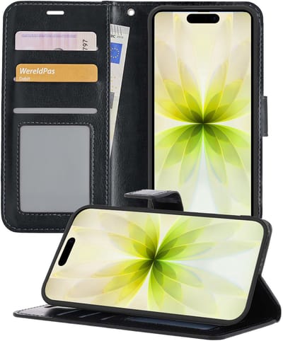 Hoesje - Met Pasjeshouder - Geschikt voor Apple iPhone 17 - Luxe Bookcase Portemonee - Flip Case - Kunstleer Book Case - Flipcase - Book Cover - Walletcase - Portemonneehoes - Telefoonhoesjes - Zwart