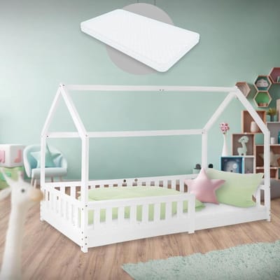 Kinderbed met Matras - Huisbed Speelbed - Veilig Slapen Spelen - Massief Dennenhout Dak - 90x200 cm - Wit