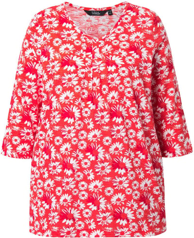 Ulla Popken - Dames - Shirt bloemen A-lijn mooie plooien V-hals 3/4-mouwen - Koraal - Maat 42+