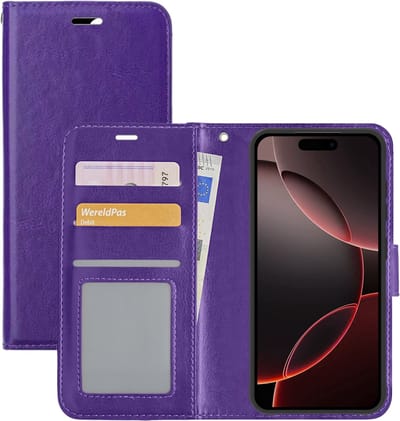 Hoesje - Met Pasjeshouder - Geschikt voor Apple iPhone 16 Pro - Luxe Bookcase Portemonee - Flip Case - Kunstleer Book Case - Flipcase - Book Cover - Walletcase - Portemonneehoes - Paars