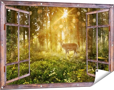 Gards Tuinposter Doorkijk Hert in Bos met Zon - 120x80 cm - Tuindoek - Tuindecoratie - Wanddecoratie buiten - Tuinschilderij