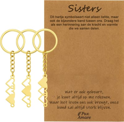 BFF Sleutelhanger voor 3 'Sisters' - Hartjes - Sleutelhangers op Cadeau Kaartje - Goudkleurig - Vriendschap Symbool - Pax Amare