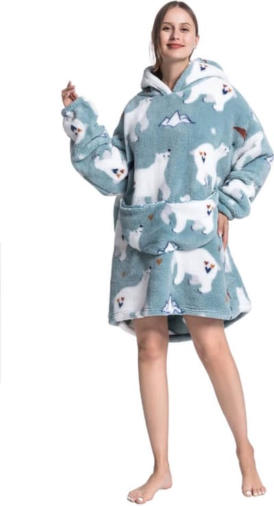 Badrock Hoodie deken - Ijsbeer fleece deken met mouwen en capuchon – fleece hoodie – fleece kleed met capuchon en mouwen – maat XS t/m XL – TV plaid met mouwen - 90 cm - chillen – relax outfit - grijs/blauw