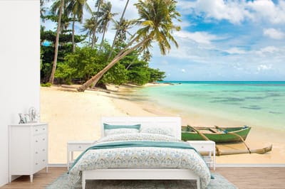 Behang - Fotobehang Strand - Kano - Palmboom - Tropical - Breedte 600 cm x hoogte 400 cm