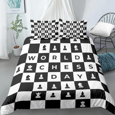Schaakbord Dekbedovertrek Set 3D Print Internationaal Schaak Zwart Wit Dekbedhoes Voor Jongens Meisjes Polyester Beddengoed Set EU single(135x200cm)