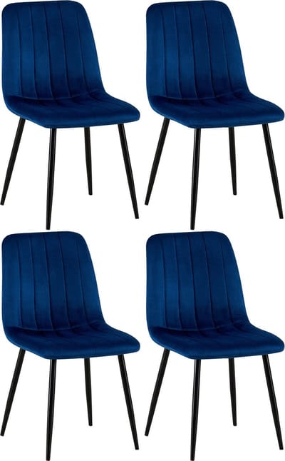 CLP Dijon Set van 4 Eetkamerstoelen - Zonder armleuning - Metaal onderstel - blauw Fluweel