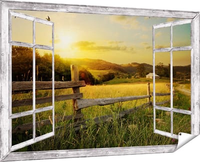 Gards Tuinposter Doorkijk Boerderij Hekken op het Grasveld - 180x120 cm - Tuindoek - Tuindecoratie - Wanddecoratie buiten - Tuinschilderij