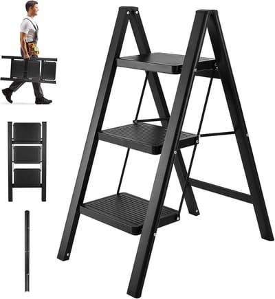 SnelShoppen - Stepladder 3 Treden, Opvouwbare Antislip Ladder, Draagbare Vouwtrap, Kleine Ladder met Verbrede Pedalen, Vouwladder Maximaal 150 kg, Hui