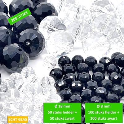 TQ4U Glaskralen - Helder & Zwart - Facetgeslepen - Ø 8 mm (100 + 100 stuks) + Ø 18 mm (50 + 50 stuks) - XXL pack 300 stuks