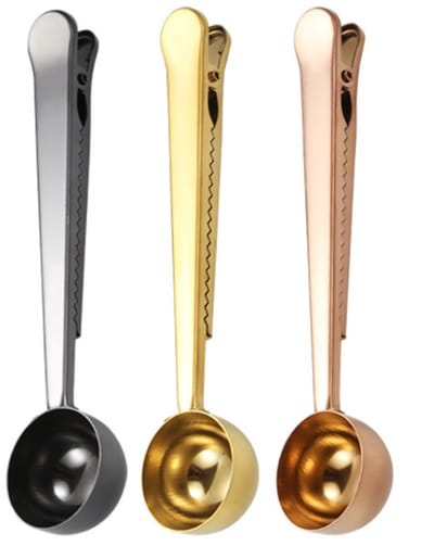 Koffielepel van roestvrij staal - Koffielepel met clip - Multifunctionele sluitclip voor zakken met lange steel - Geschikt voor thee, koffie, proteïnepoeder, instantdranken, keukengereedschap - 3 stuks- 6.7inch(goud/roségoud/zwart)