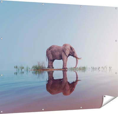 Gards Tuinposter Olifant bij het Water - 150x120 cm - Tuindoek - Tuindecoratie - Wanddecoratie buiten - Tuinschilderij