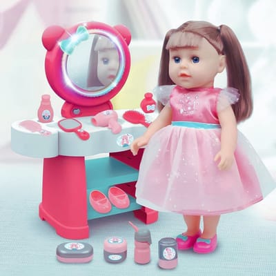 Deluxe Prinsesspop 35 CM – Drinkt En Plast Als Een Echte Baby, Zingt En Praat Met Spiegel En Accessoires Voor Babyvoeding En Schoonheidsverzorging