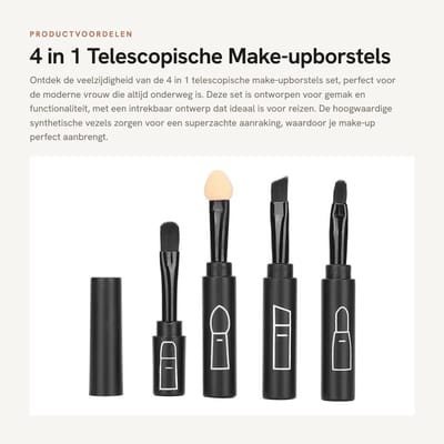 Dailygoods- Make-upborstels Set 4 in 1 - Telescopische Borstels - Draagbare Kwasten - Synthetische Vezels - Zacht en Pluizig - Geschikt voor Reis - Make-upkwasten