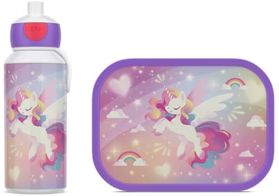Mepal Lunchset (pop-up fles & lunchbox) Campus - 400 + 750 ml - Broodtrommel en Drinkbeker voor kinderen - Bento box - Pop-up drinkfles - Unicorn Glow