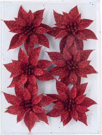 Cosy & Trendy Decoratie bloemen - rozen - 6x - rood glitter - op ijzerdraad - 8 cm - Decoratiebloemen / kerstboomversiering/kerstversiering