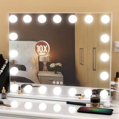 Verlichte Hollywood Make-upspiegel 23"x18" met 10x Vergroting en Dimbare LED-lampen