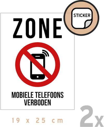 Pictogram/ stickers (2x) | "Zone - Mobiele telefoons verboden" | 19 x 25 cm | Zelfklever | School | Verbod | Smartphone | Asociaal | Facebook | Sticker | 1 stuk