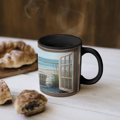 Magische Mok - Foto op Warmte Mokken - Koffiemok - Doorkijk - Strandstoelen - Duinen - Zee - Natuur - Magic Mok - Beker - 350 ML - Theemok