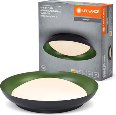 LEDVANCE Orbis Plate LED plafondlamp, zwart-groen, 45W, 2200lm, 3000K, 480mm, 830 vriendelijk warm wit, dimbaar in 3 niveaus door te trappen, IP20 bescherming, inclusief montageschroeven en pluggen