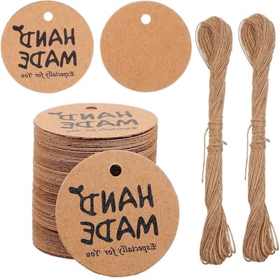 Set van 200 Kraft Papieren Cadeau Labels, Ronde Handgemaakte Hangtags met 40m Jute Touw, Decoratieve Labels voor Verpakking en Geschenken, Bruin en Milieuvriendelijk