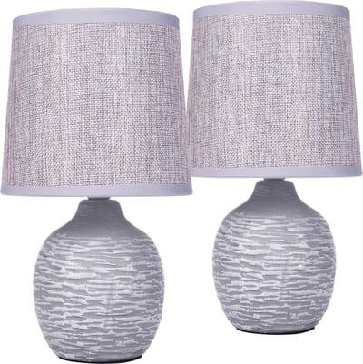 BRUBAKER Set van 2 tafel- of bedlampjes, 27 cm, grijs, keramische lampvoeten met structuur, linnen lampenkappen