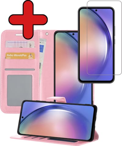 Hoesje - Met Screenprotector - Geschikt voor Samsung Galaxy A54 - Luxe Pasjeshouder - Flipcase - Bookcase Portemonee - Flip Case - Kunstleer Book Case - Book Cover - Walletcase - Portemonneehoes - Telefoonhoes - Lichtroze