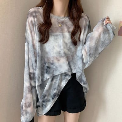 Vêtements de protection solaire en maille tie-dye pour femmes, T-shirt à manches longues ample et transparent pour femmes, Tops amples grande taille pour femmes One size gris
