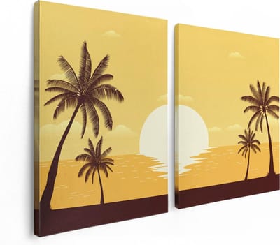 Artaza Canvas Schilderij Tweeluik Zonsondergang Met Palmbomen - Abstract - 120x80 cm - Wanddecoratie Woonkamer - Schilderijen - Muurdecoratie