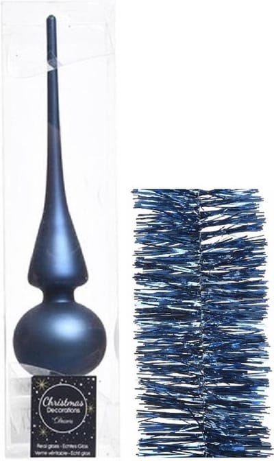 Kerstversiering glazen piek mat 26 cm en folieslingers pakket donkerblauw van 3x stuks - Kerstboomversiering